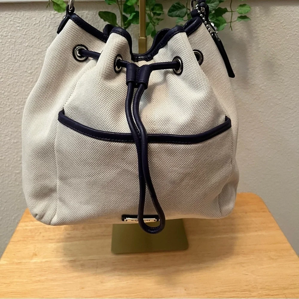 Coach Cream Navy Blue Drawstring Shoulder Bag